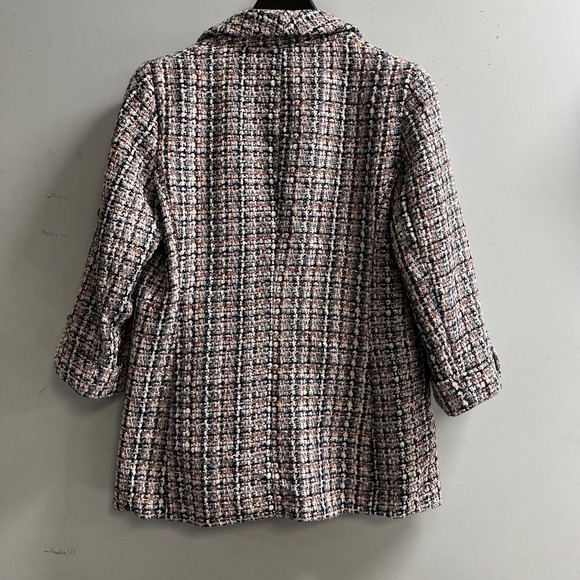 Anne Klein Blazer Womens M Blue Tweed Boucle Knit Jacket Open Front Long Line - Picture 2 of 15